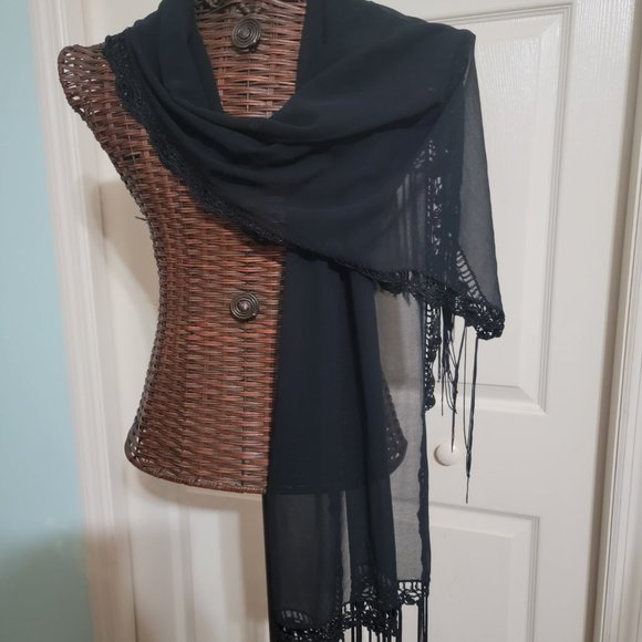 Large Black Shear Dress Scarf with Crotched Edges and Fringe - Picture 3 of 13